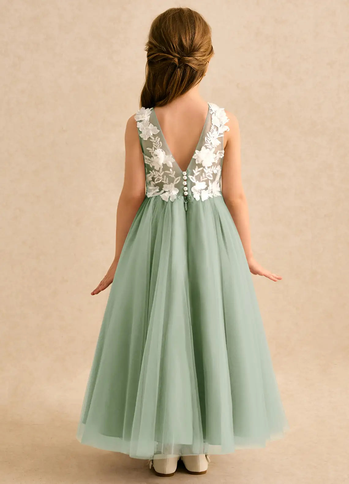 Sleeveless Illusion Neck V Back 3D Floral Lace Train Sage Green Tulle Flower Girl Dresses