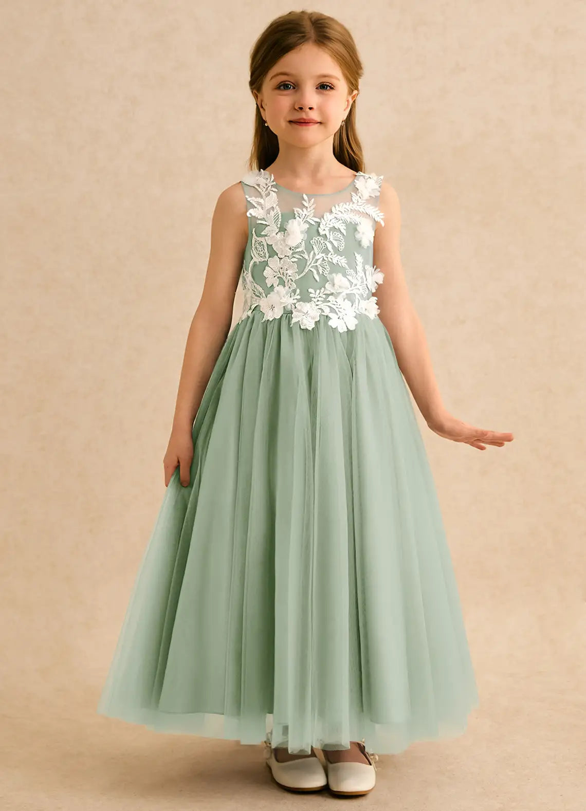 Sleeveless Illusion Neck V Back 3D Floral Lace Train Sage Green Tulle Flower Girl Dresses
