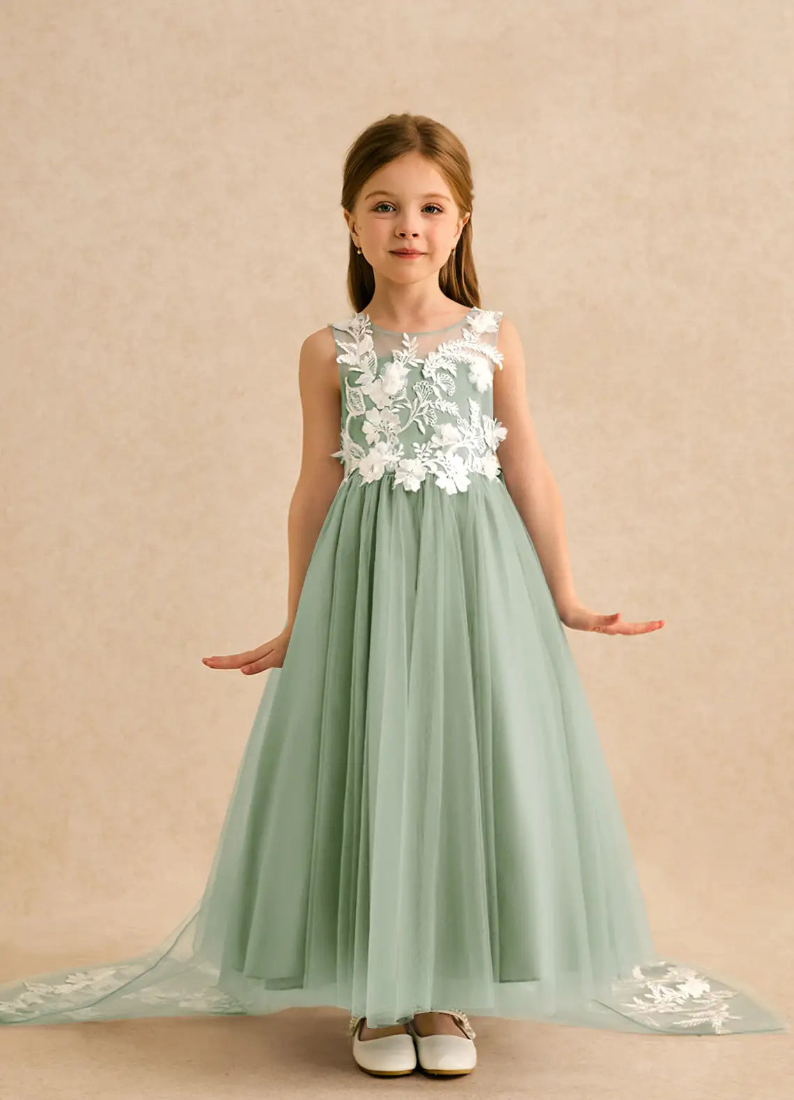 Sleeveless Illusion Neck V Back 3D Floral Lace Train Sage Green Tulle Flower Girl Dresses