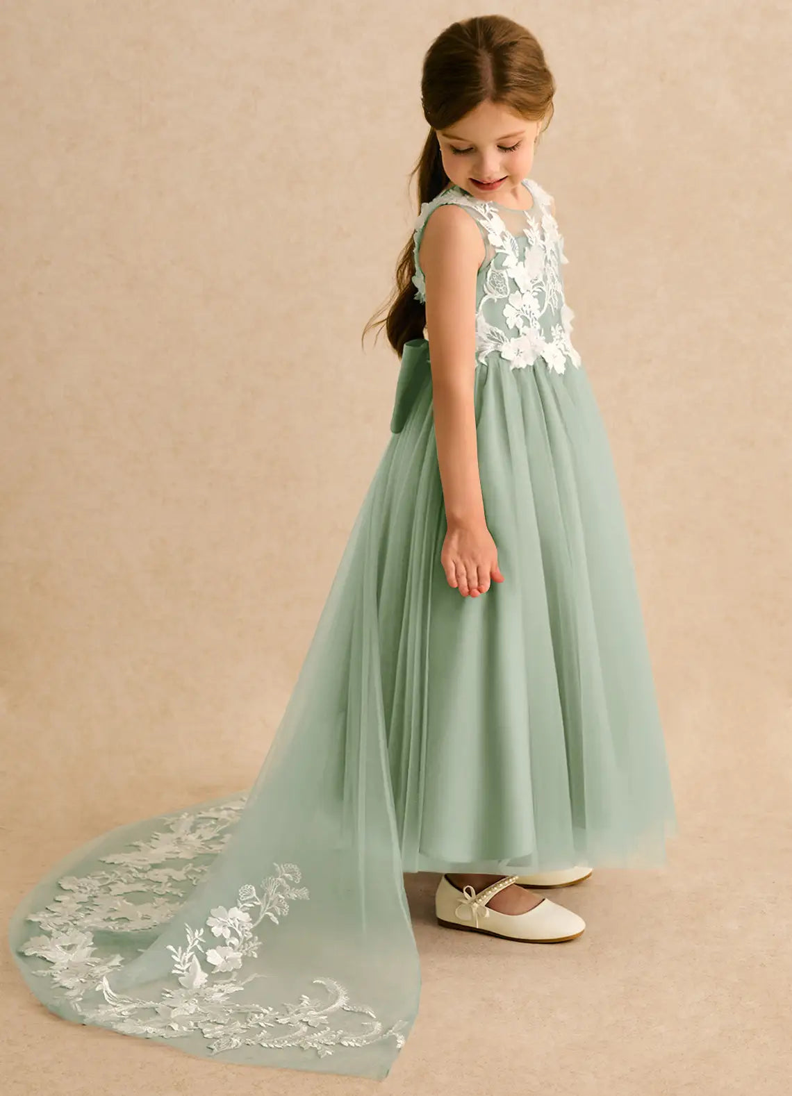 Sleeveless Illusion Neck V Back 3D Floral Lace Train Sage Green Tulle Flower Girl Dresses