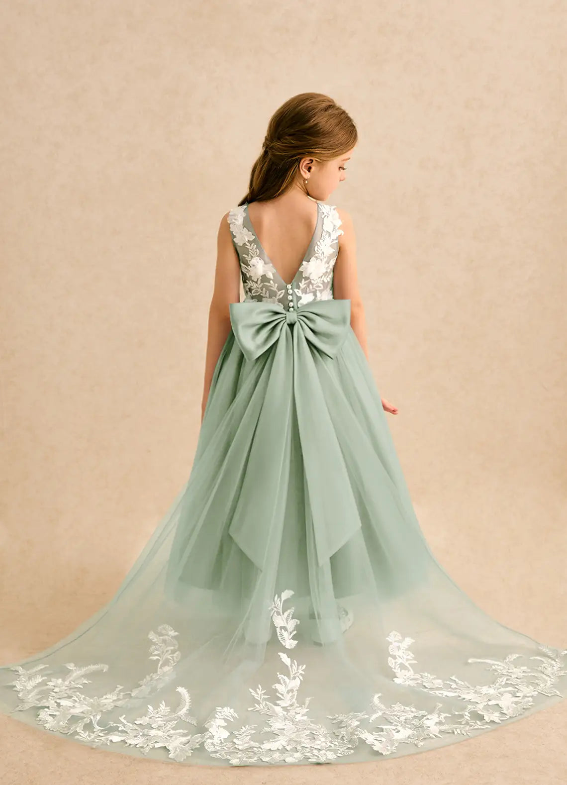 Sleeveless Illusion Neck V Back 3D Floral Lace Train Sage Green Tulle Flower Girl Dresses