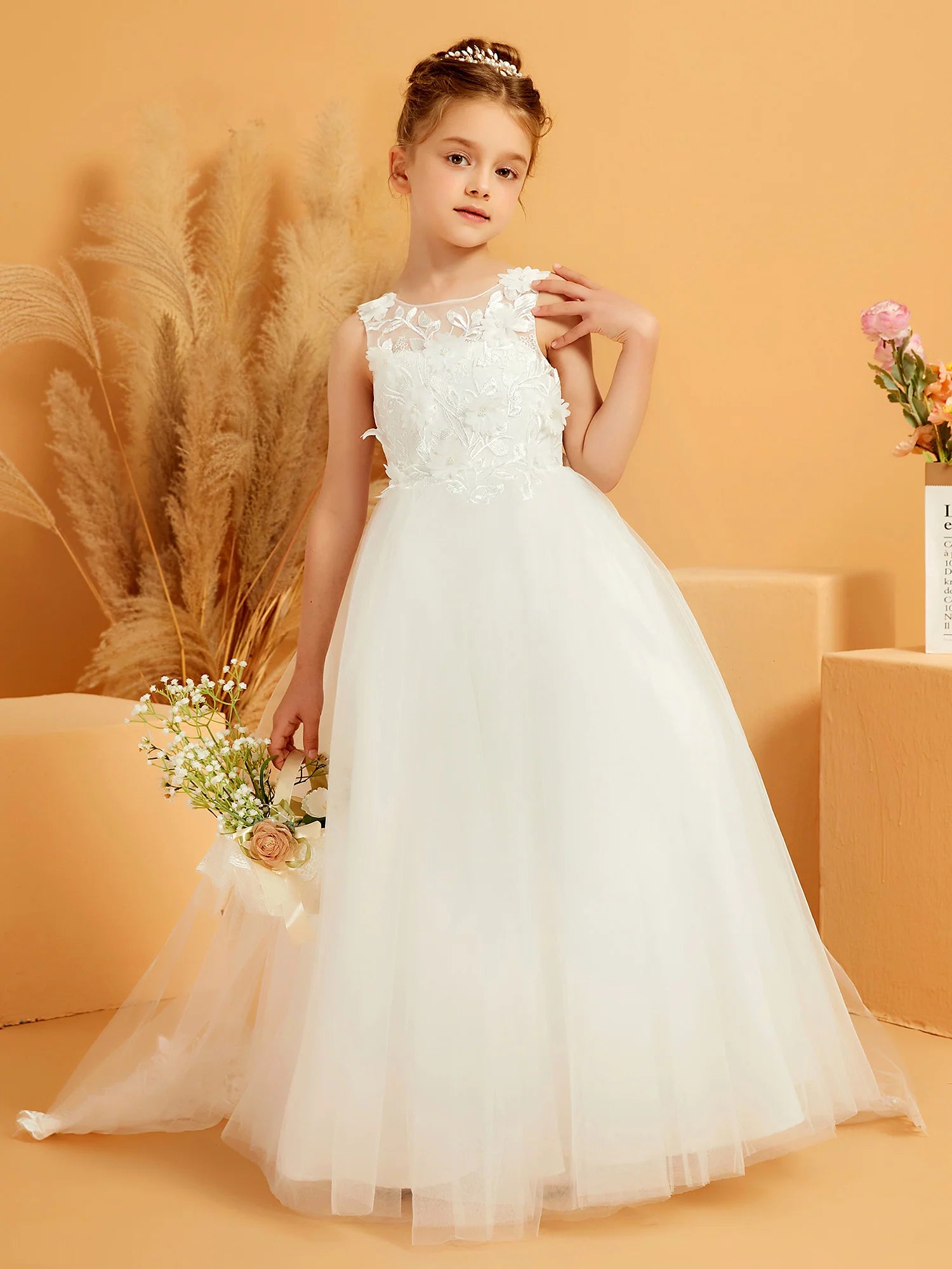 Sleeveless Illusion Neck V Back Big Bow 3D Floral Lace White Tulle Train Floor Length Flower Girl Dresses