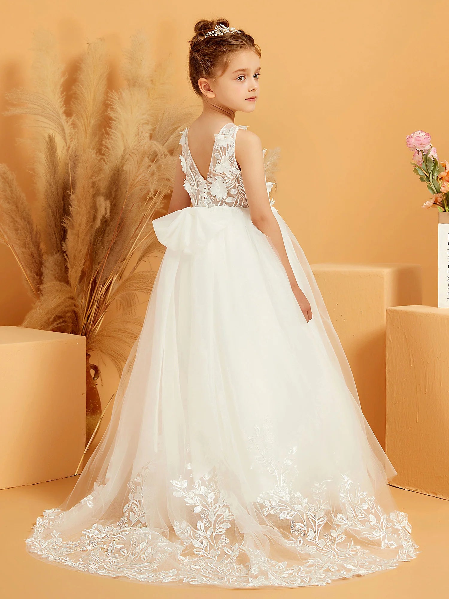 Sleeveless Illusion Neck V Back Big Bow 3D Floral Lace White Tulle Train Floor Length Flower Girl Dresses