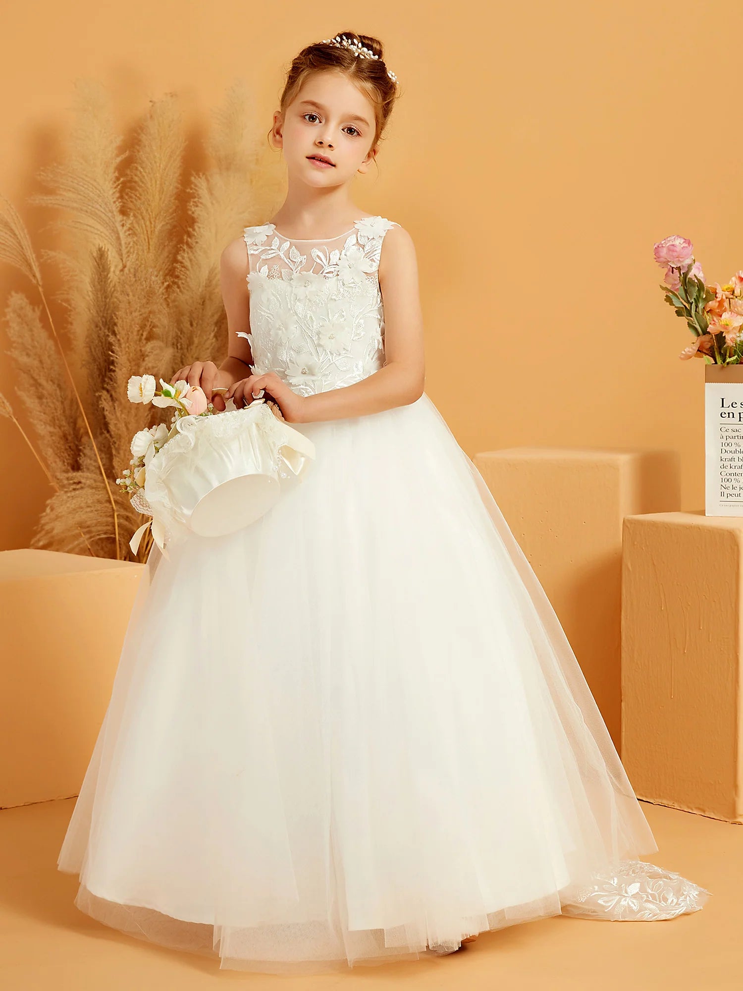 Sleeveless Illusion Neck V Back Big Bow 3D Floral Lace White Tulle Train Floor Length Flower Girl Dresses