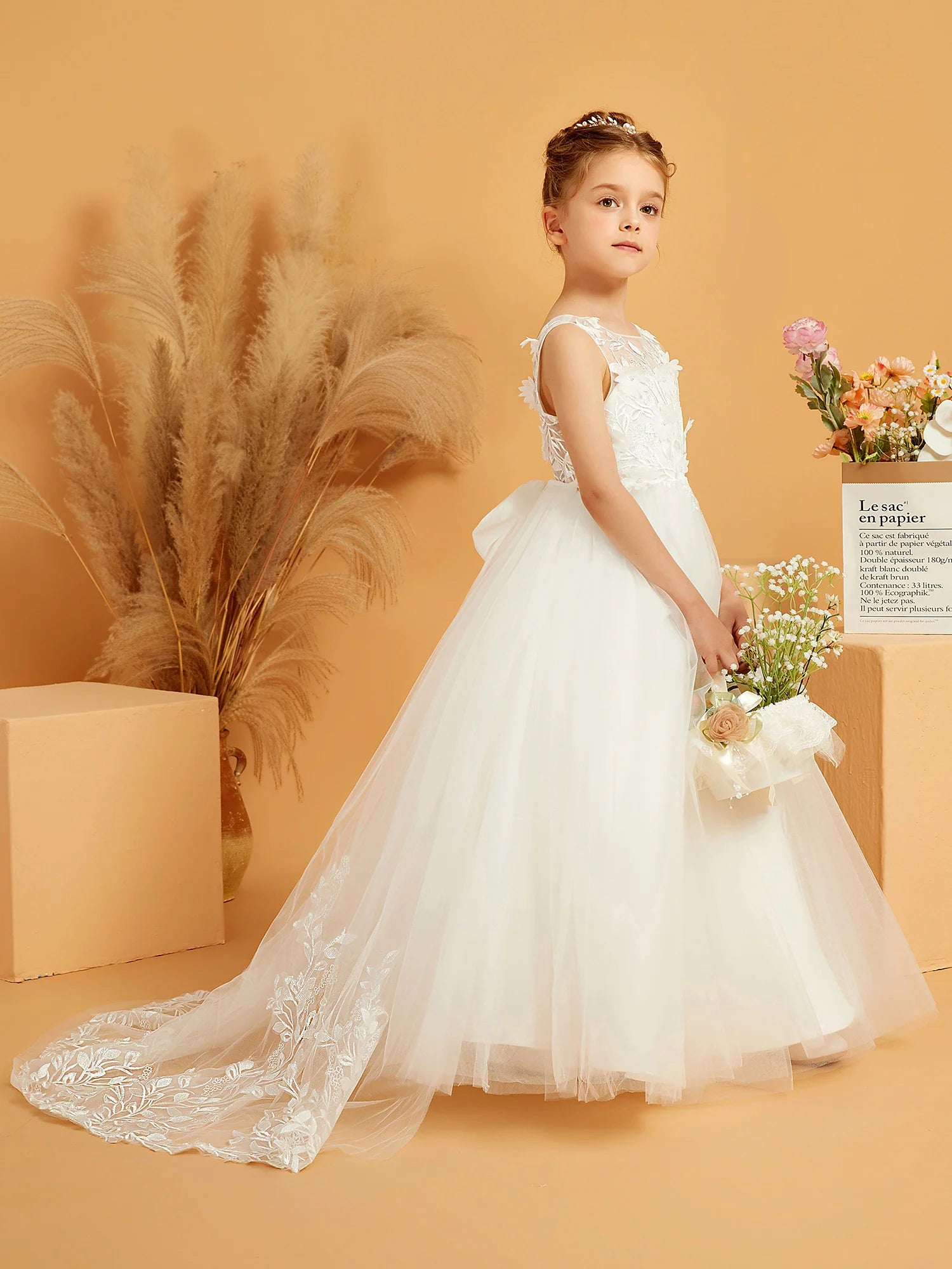 Sleeveless Illusion Neck V Back Big Bow 3D Floral Lace White Tulle Train Floor Length Flower Girl Dresses