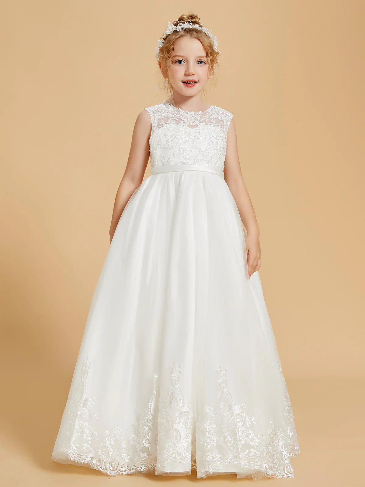 Sleeveless Illusion Neck V Back Floral Lace White Tulle Floor Length Flower Girl Dresses