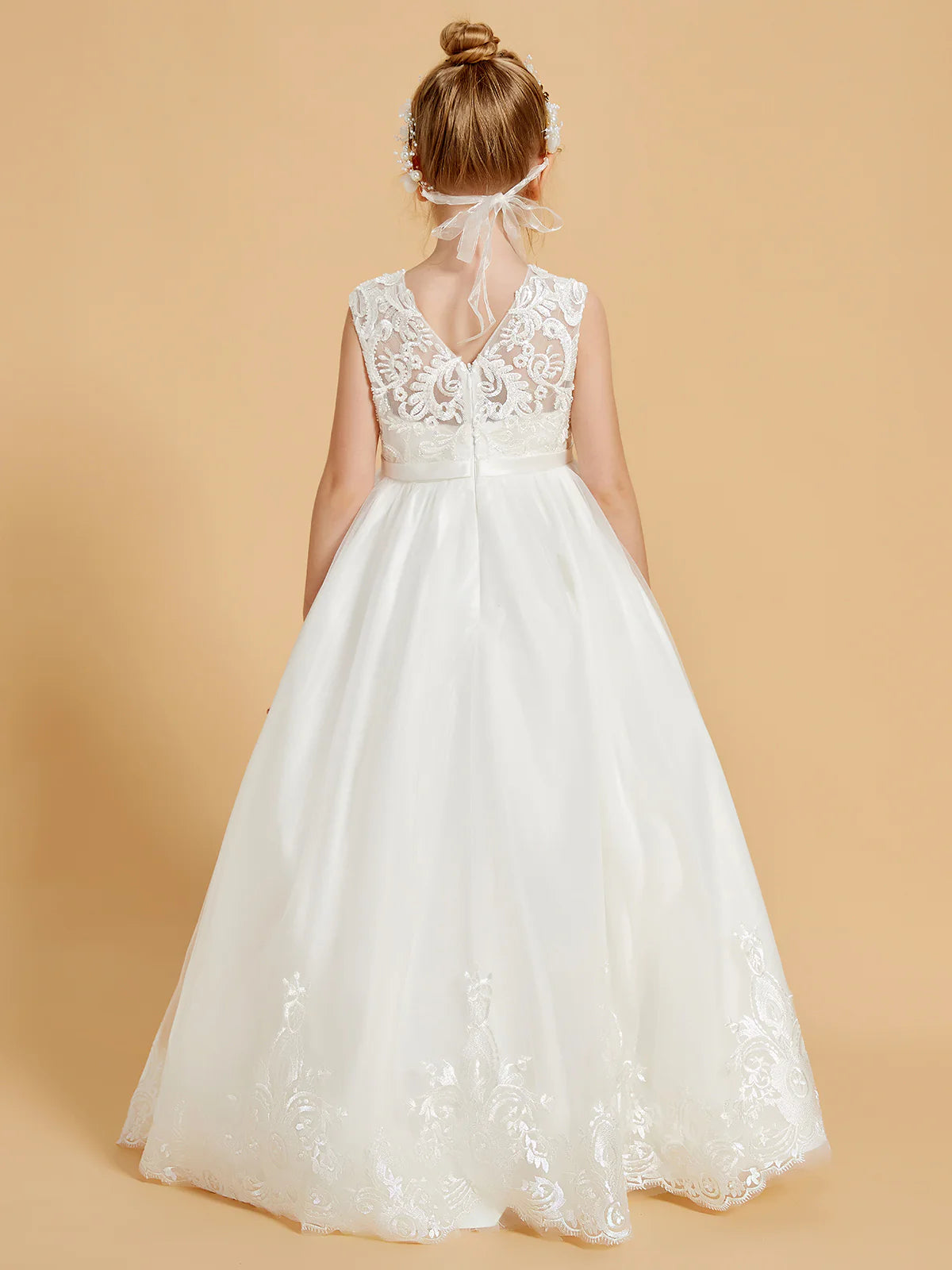 Sleeveless Illusion Neck V Back Floral Lace White Tulle Floor Length Flower Girl Dresses
