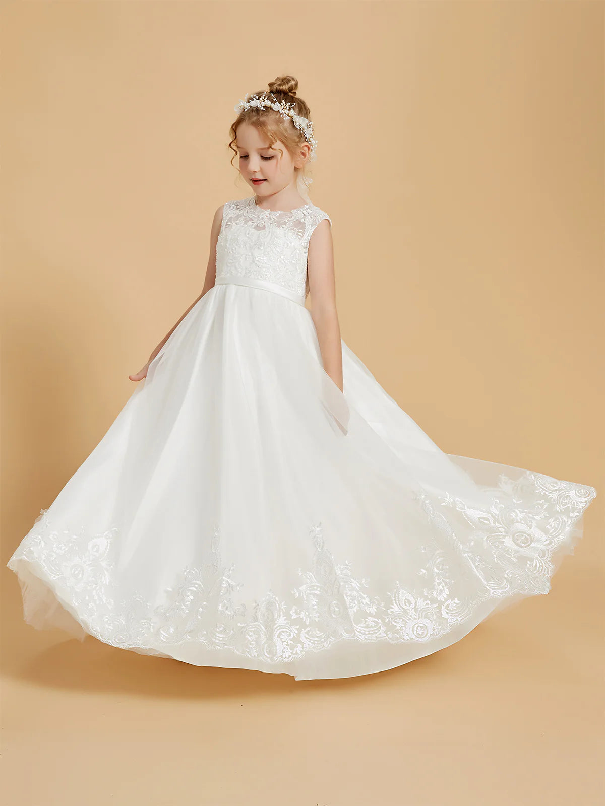 Sleeveless Illusion Neck V Back Floral Lace White Tulle Floor Length Flower Girl Dresses