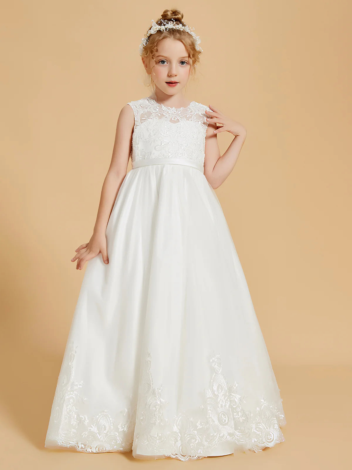 Sleeveless Illusion Neck V Back Floral Lace White Tulle Floor Length Flower Girl Dresses
