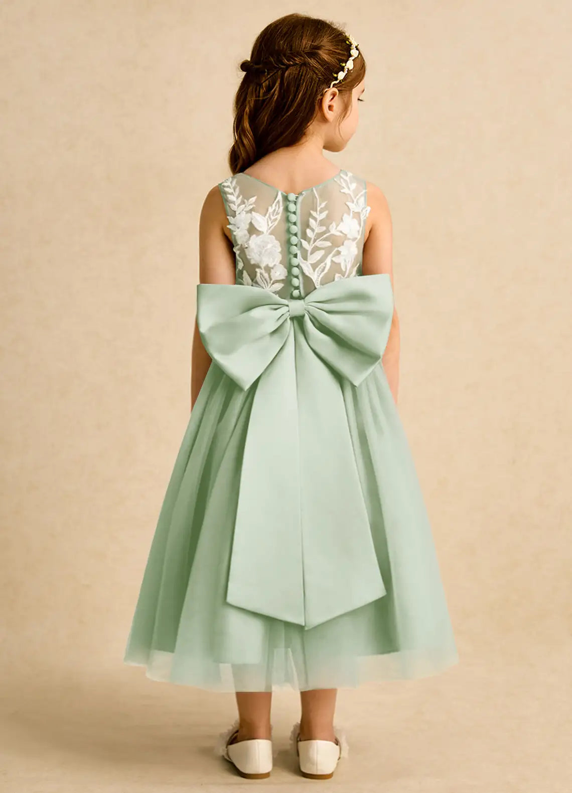 Sleeveless Illusion Neck White Floral Lace Sage Tulle Midi Flower Girl Dresses
