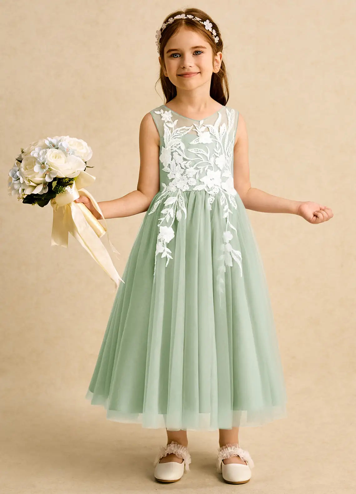 Sleeveless Illusion Neck White Floral Lace Sage Tulle Midi Flower Girl Dresses