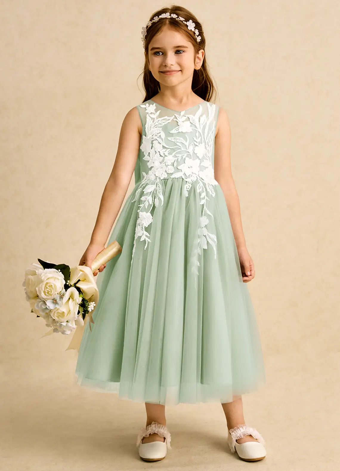 Sleeveless Illusion Neck White Floral Lace Sage Tulle Midi Flower Girl Dresses