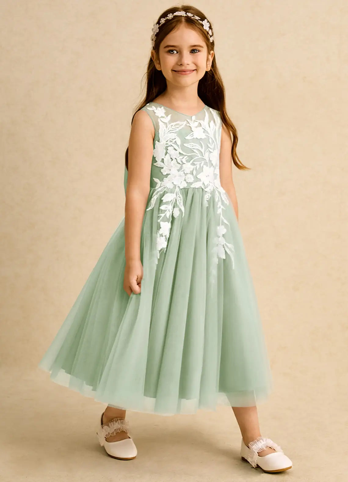 Sleeveless Illusion Neck White Floral Lace Sage Tulle Midi Flower Girl Dresses