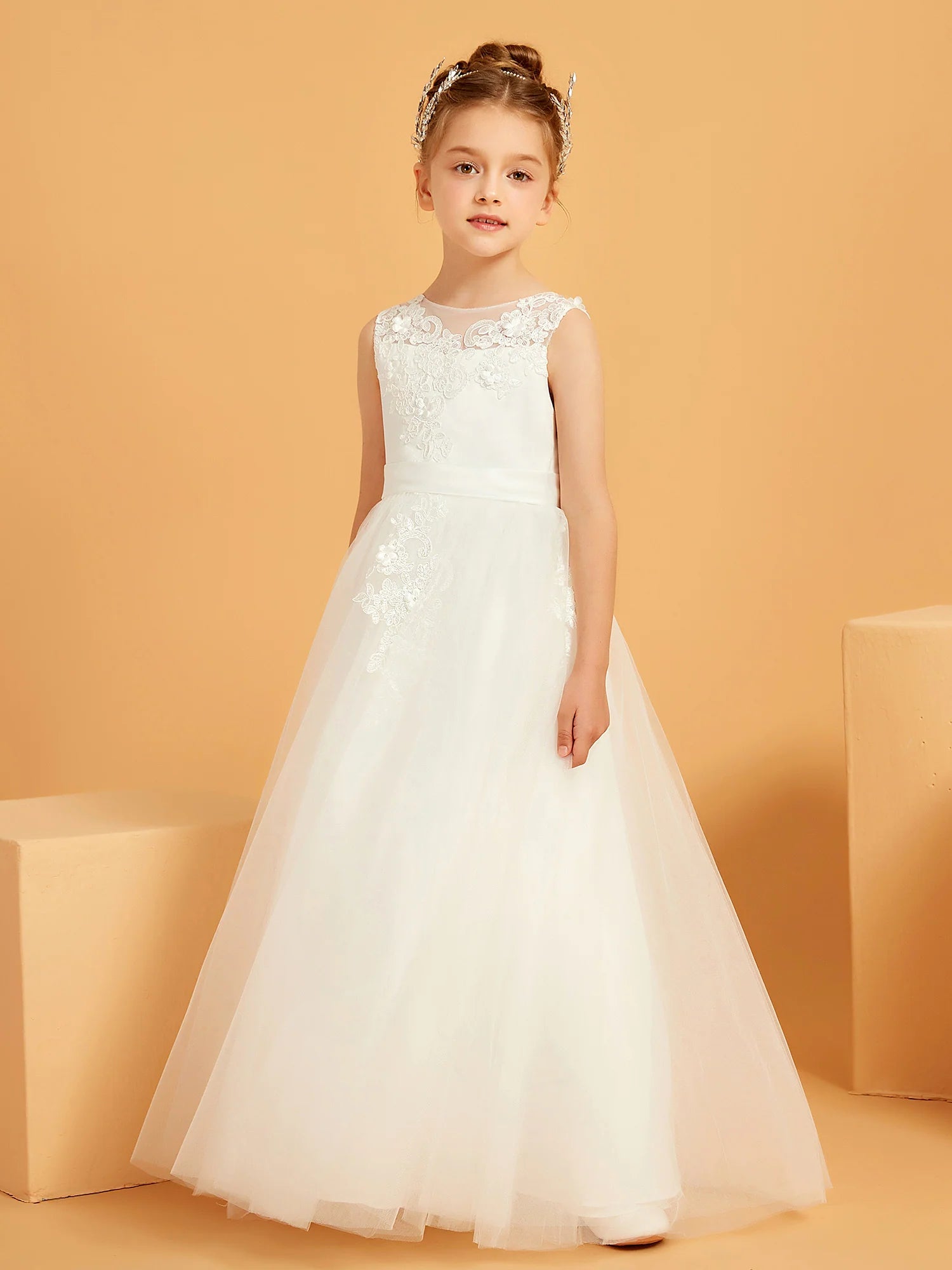 Sleeveless Illusion Round Neck V Back Floral Lace White Tulle Floor Length Flower Girl Dresses