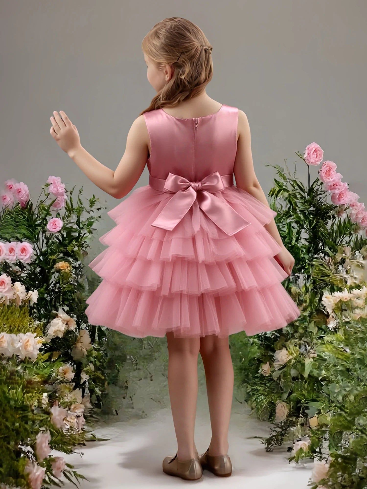 Sleeveless Mesh Neck Glitter Satin Sash Solid Back Matching Satin Bow Pink Multi-Layer Ruffle Tulle Midi Flower Girl Dresses