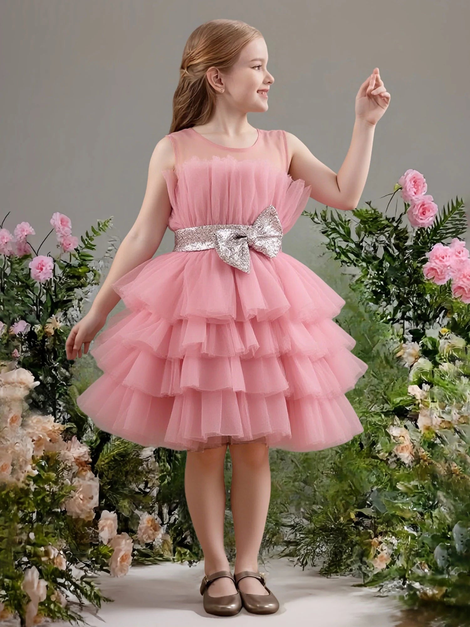 Sleeveless Mesh Neck Glitter Satin Sash Solid Back Matching Satin Bow Pink Multi-Layer Ruffle Tulle Midi Flower Girl Dresses