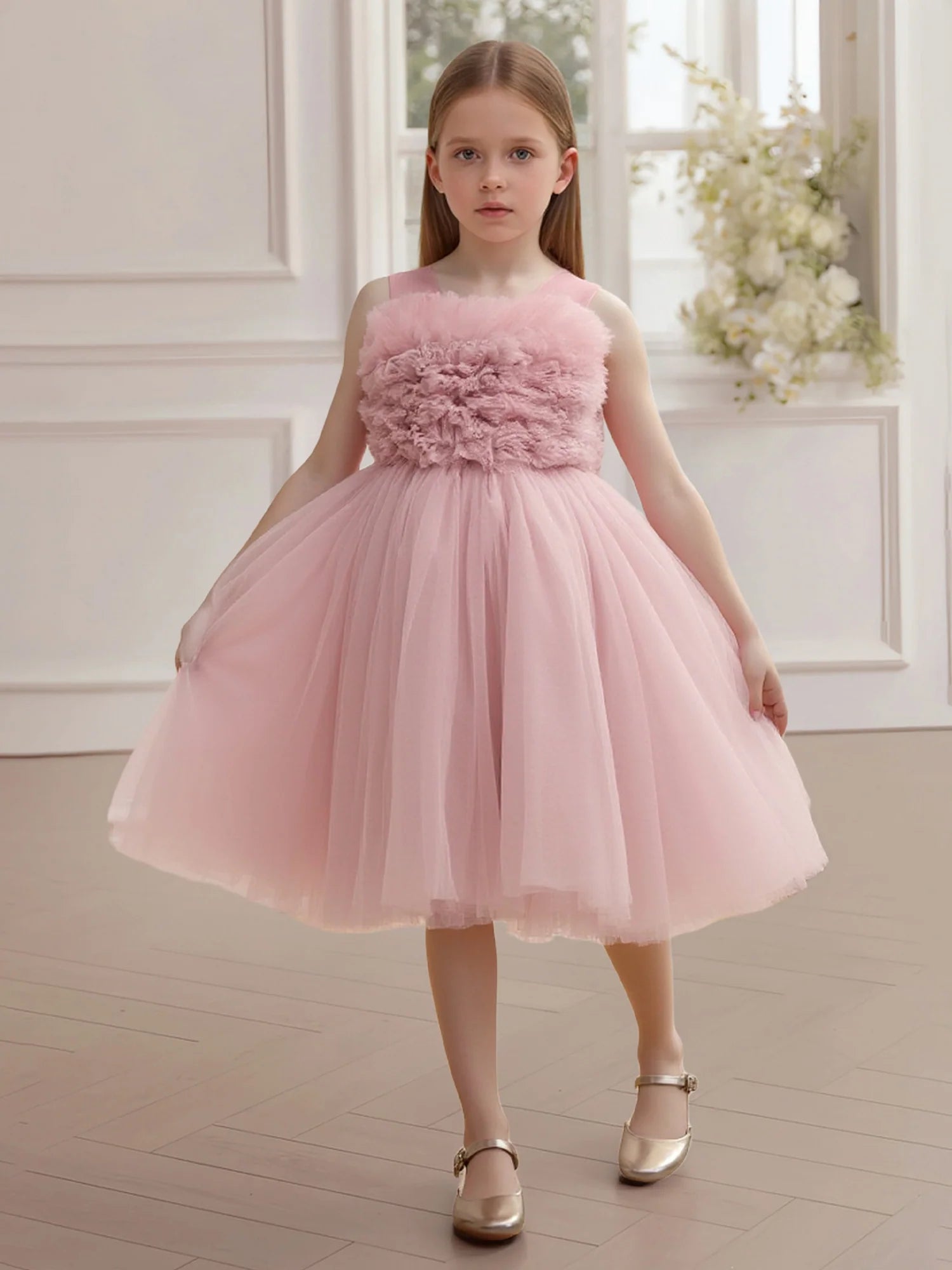 Sleeveless Mesh Neck V Back Giant Tulle Bow 3D Floral Bodice Pink Tulle Midi Flower Girl Dresses