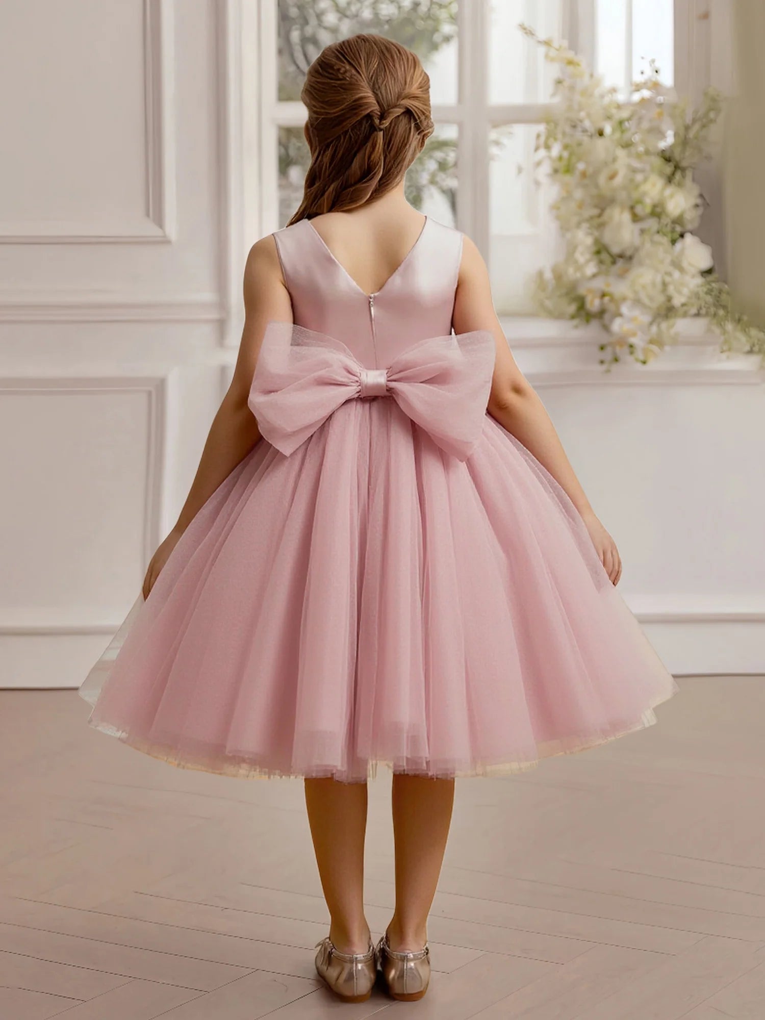Sleeveless Mesh Neck V Back Giant Tulle Bow 3D Floral Bodice Pink Tulle Midi Flower Girl Dresses