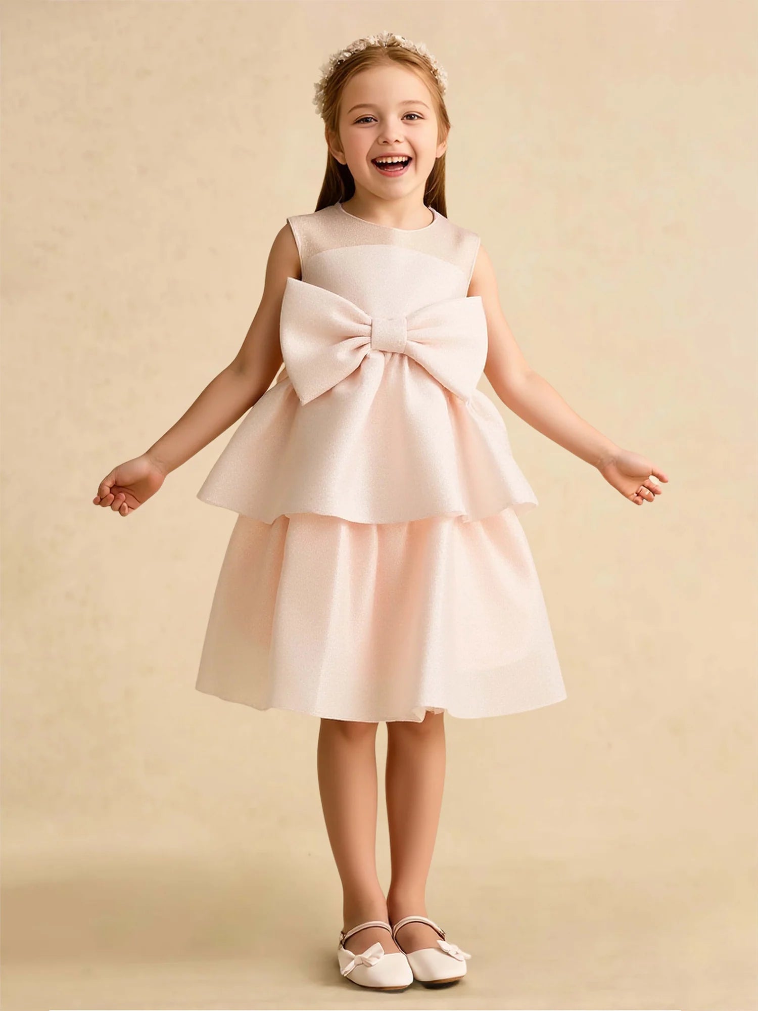 Sleeveless Mesh Round Neck Oversized Front Bow Two Layer Skirt Blush Shimmer Fabric Knee Length Flower Girl Dresses