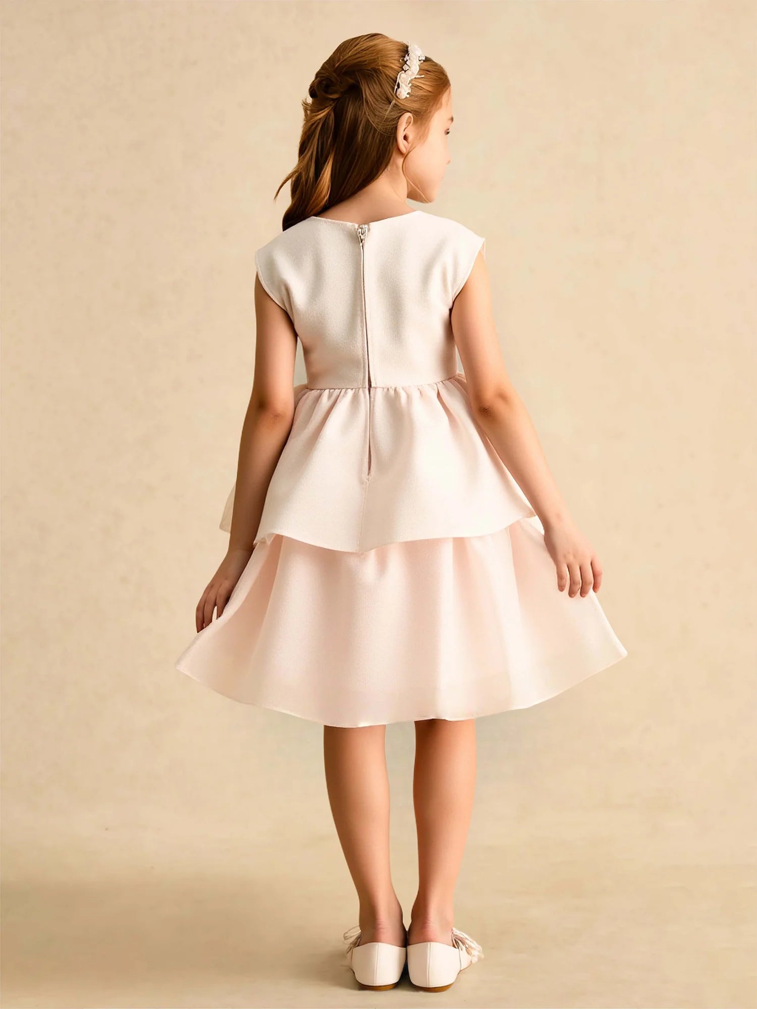 Sleeveless Mesh Round Neck Oversized Front Bow Two Layer Skirt Blush Shimmer Fabric Knee Length Flower Girl Dresses