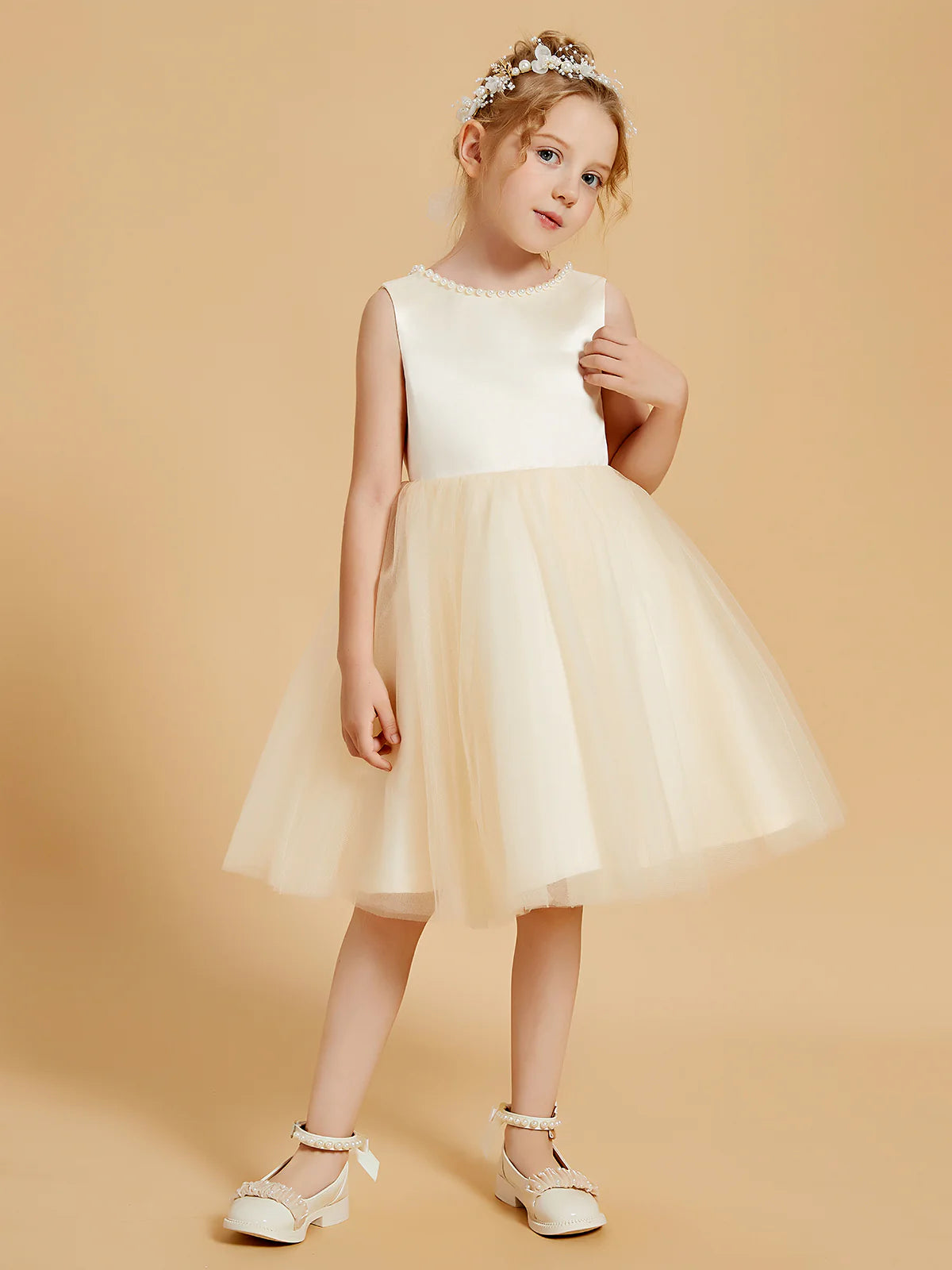 Sleeveless Pearl Round Neck V Back Big Bow Champagne Tulle Midi Length Flower Girl Dresses