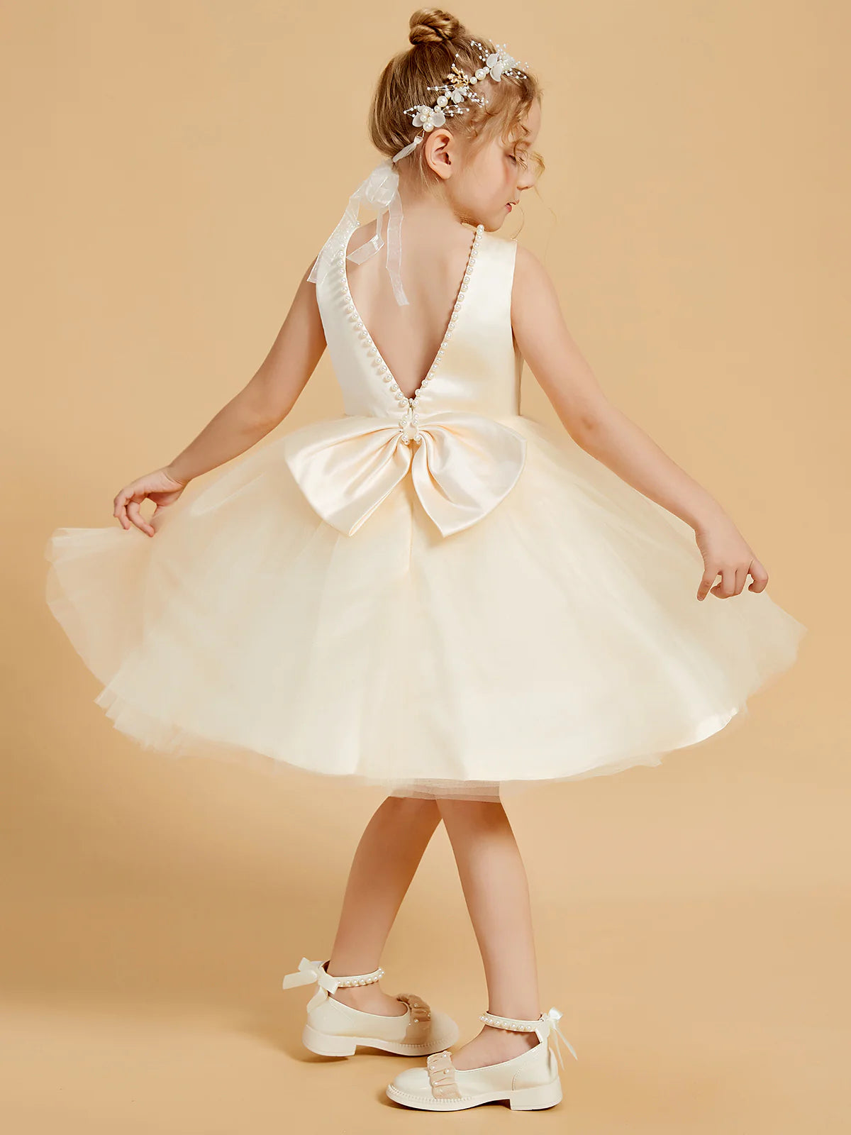 Sleeveless Pearl Round Neck V Back Big Bow Champagne Tulle Midi Length Flower Girl Dresses