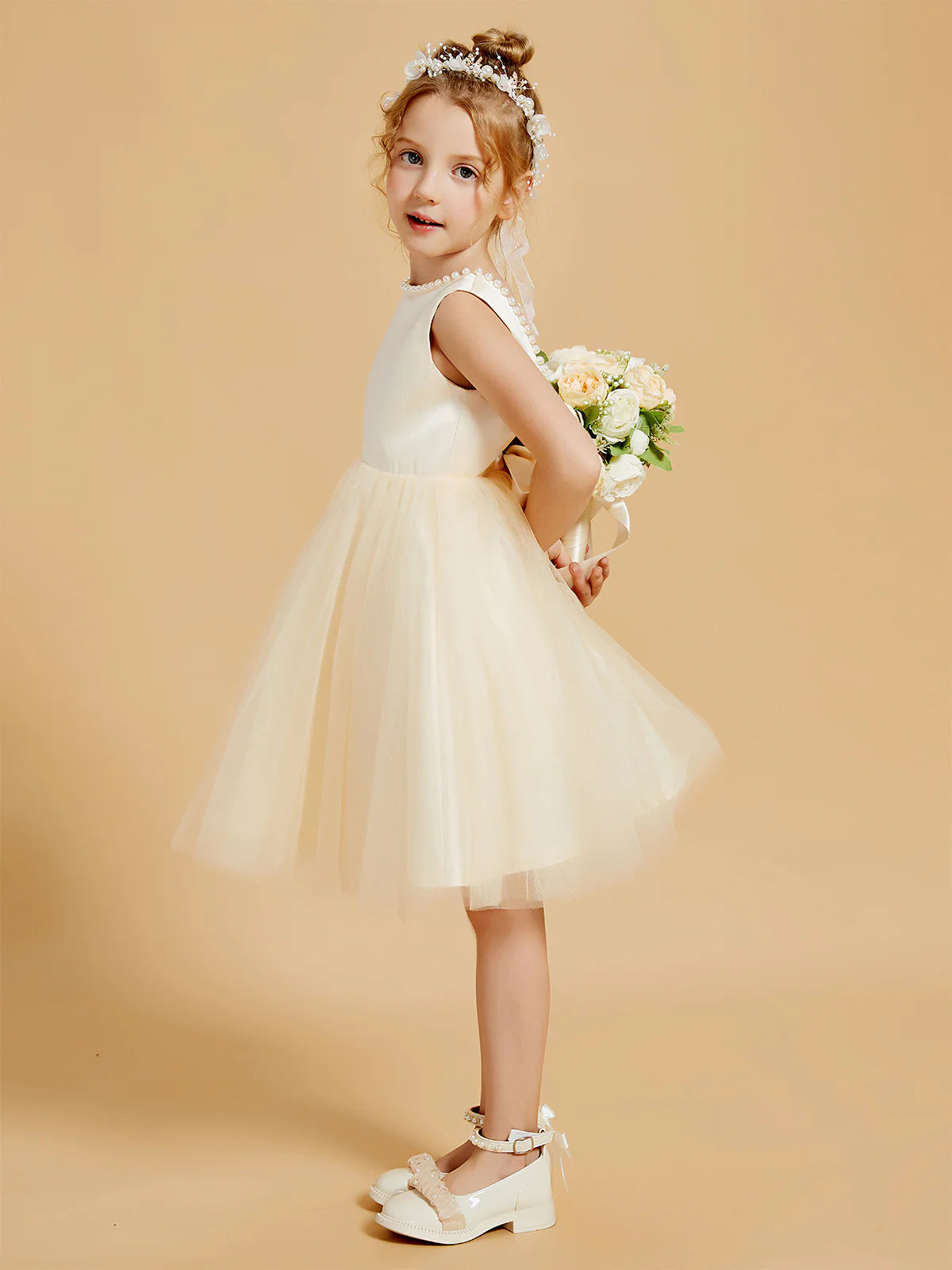 Sleeveless Pearl Round Neck V Back Big Bow Champagne Tulle Midi Length Flower Girl Dresses