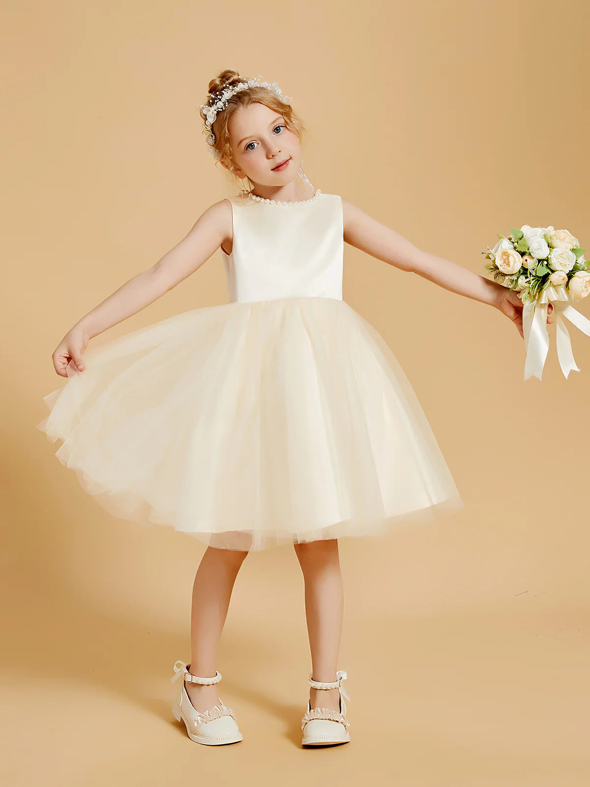 Sleeveless Pearl Round Neck V Back Big Bow Champagne Tulle Midi Length Flower Girl Dresses