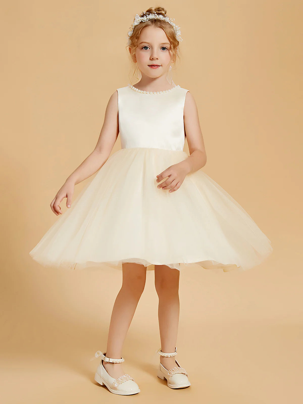 Sleeveless Pearl Round Neck V Back Big Bow Champagne Tulle Midi Length Flower Girl Dresses