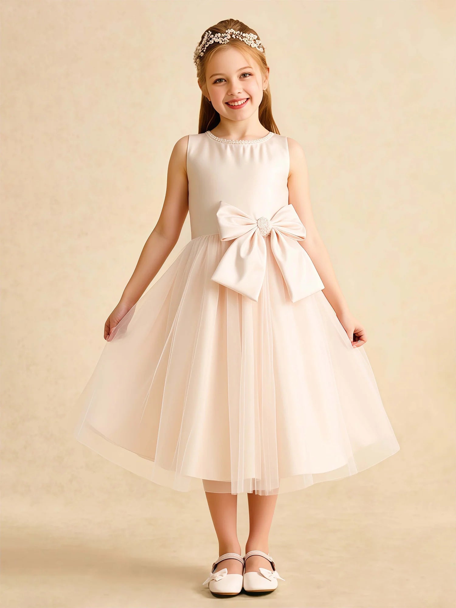 Sleeveless Pearl Trim Round Neck Big Rhinestone Satin Bow Champagne Satin Tulle Knee Length Flower Girl Dresses