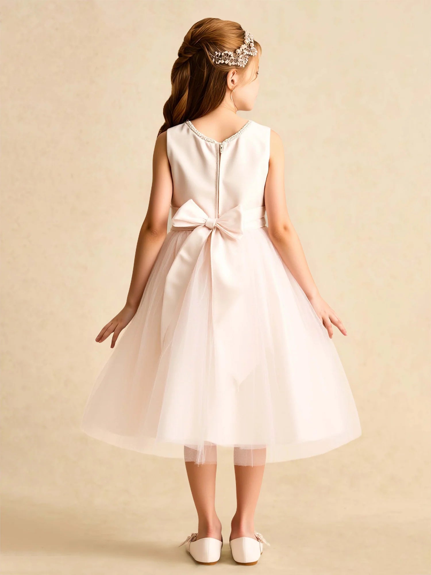 Sleeveless Pearl Trim Round Neck Big Rhinestone Satin Bow Champagne Satin Tulle Knee Length Flower Girl Dresses
