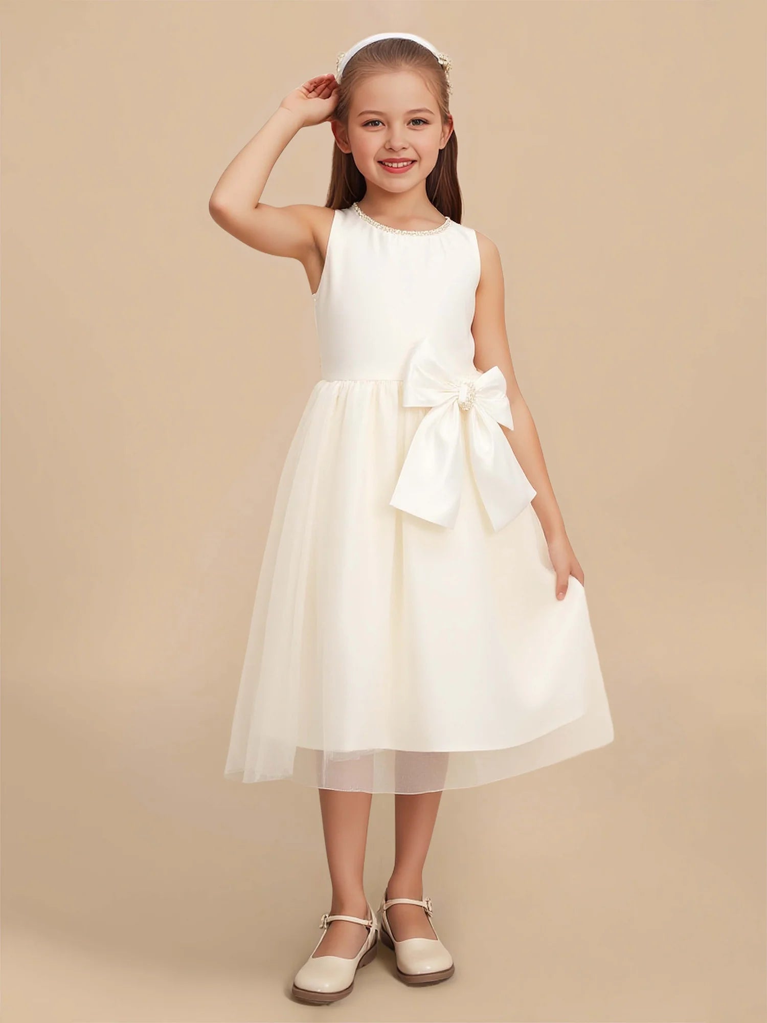 Sleeveless Pearl Trim Round Neck Front & Back Big Satin Bow Ivory Satin Tulle Knee Length Flower Girl Dresses