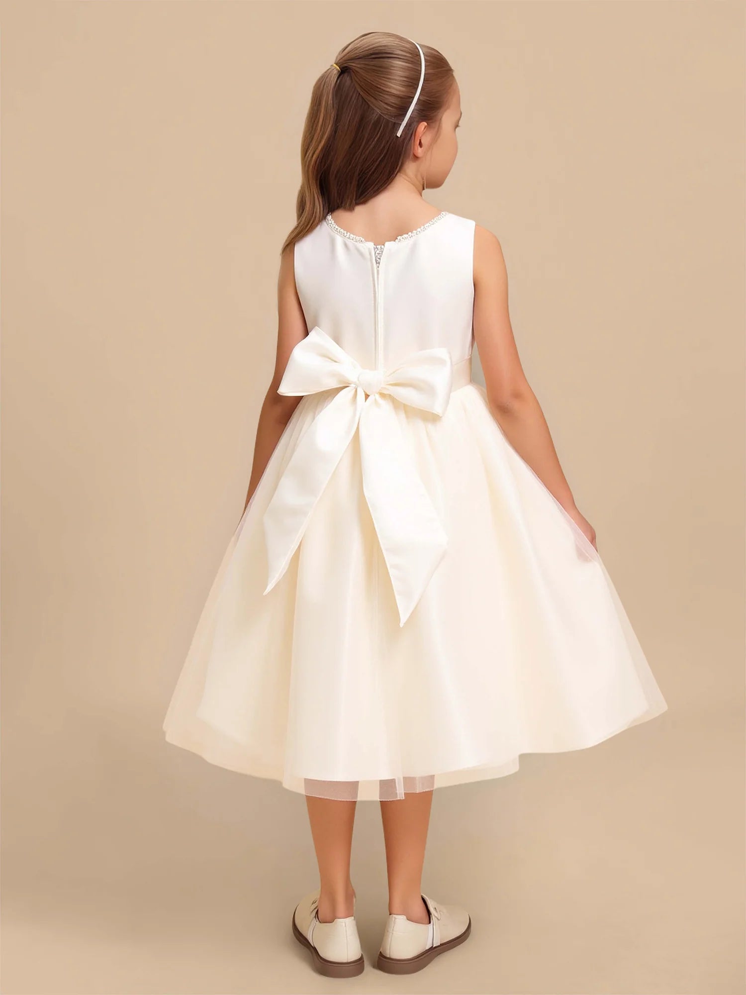 Sleeveless Pearl Trim Round Neck Front & Back Big Satin Bow Ivory Satin Tulle Knee Length Flower Girl Dresses