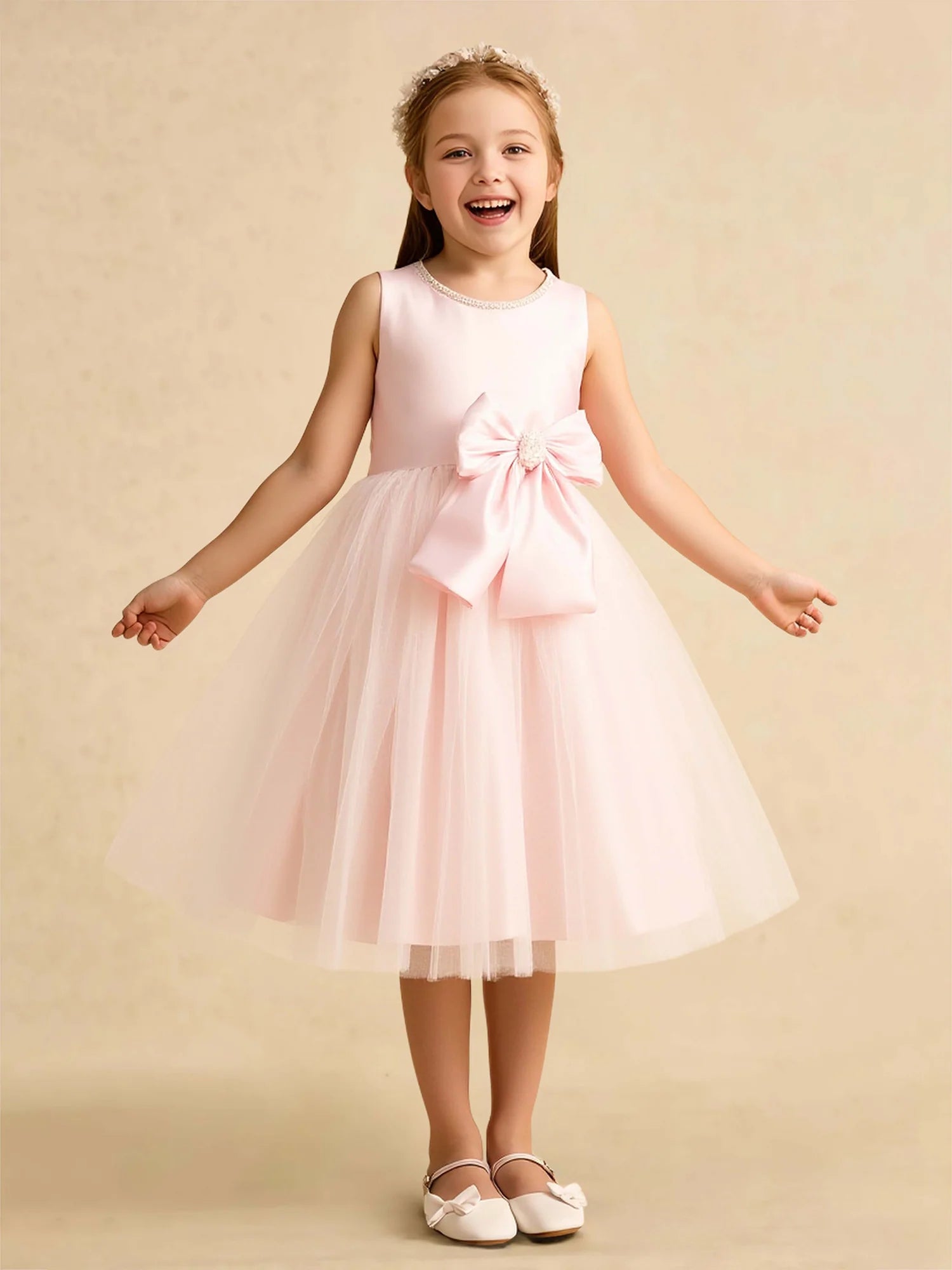 Sleeveless Pearl Trim Round Neck Rhinestone Center Side Bow Blush Pink Satin Tulle Knee Length Flower Girl Dresses