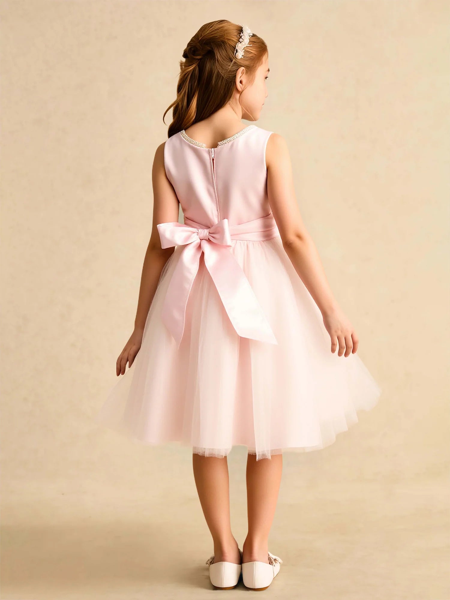 Sleeveless Pearl Trim Round Neck Rhinestone Center Side Bow Blush Pink Satin Tulle Knee Length Flower Girl Dresses