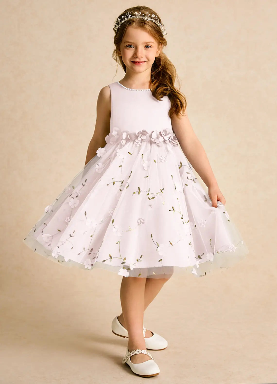 Sleeveless Pearl Trim Round Neck V Back Floral Embroidered Light Lavender Tulle Knee-Length Flower Girl Dresses
