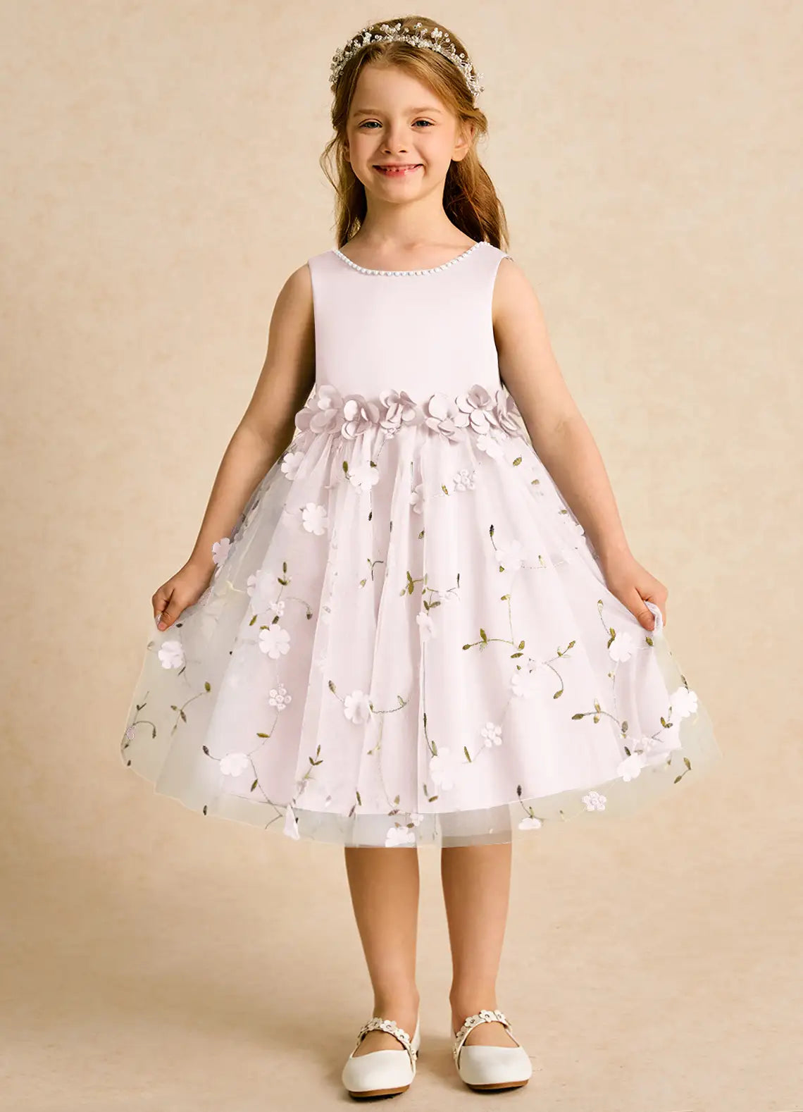 Sleeveless Pearl Trim Round Neck V Back Floral Embroidered Light Lavender Tulle Knee-Length Flower Girl Dresses