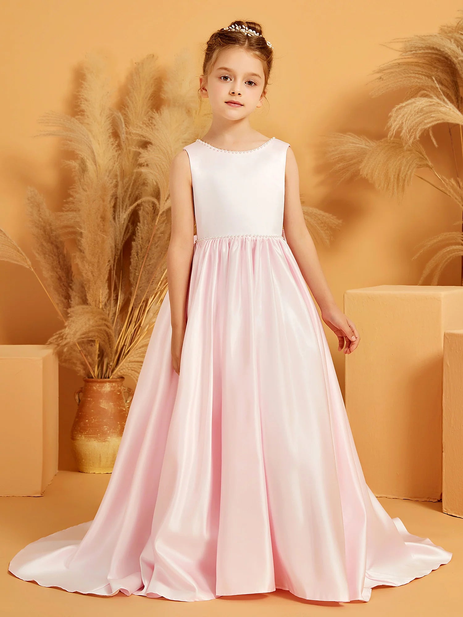 Sleeveless Pearl Trim Round Neck V Back Large Satin Bow Pink Satin Train Floor Length Flower Girl Dresses
