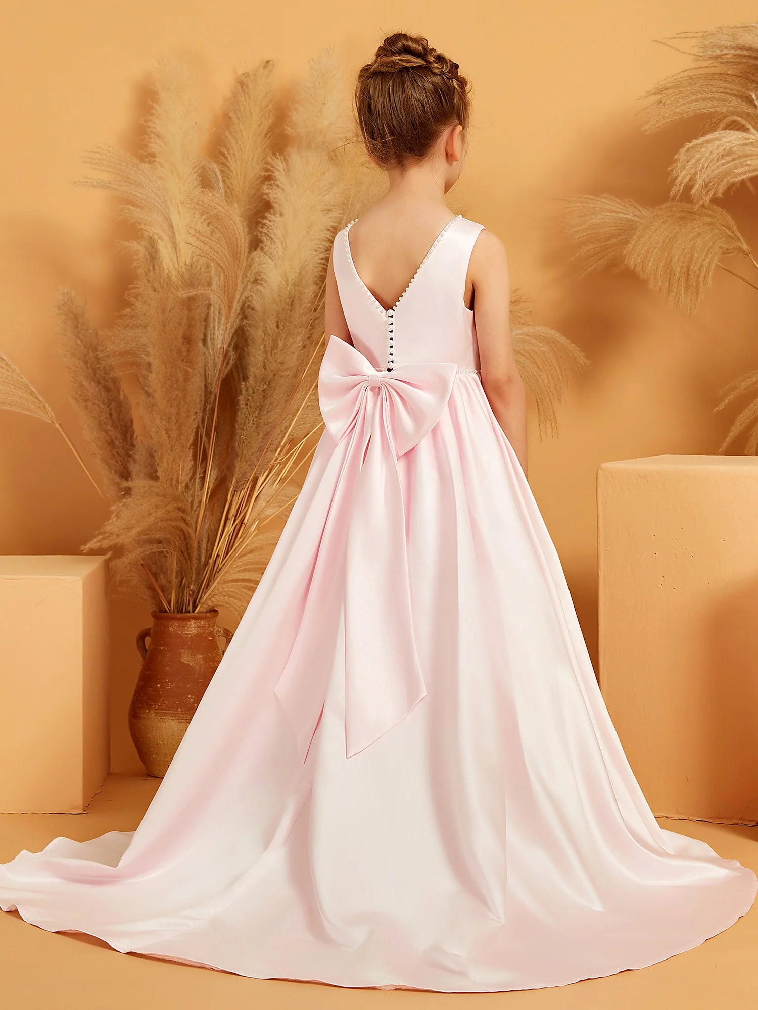 Sleeveless Pearl Trim Round Neck V Back Large Satin Bow Pink Satin Train Floor Length Flower Girl Dresses
