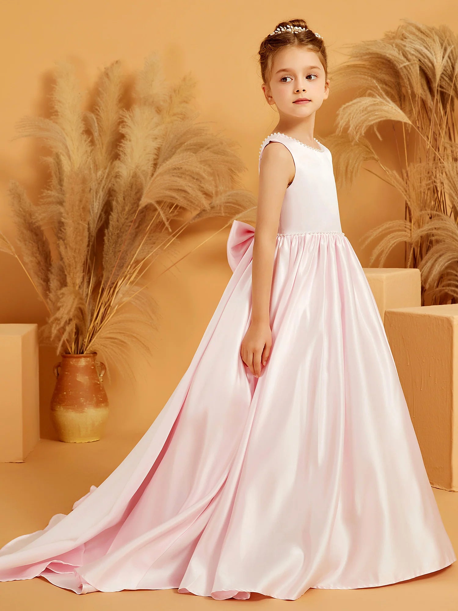 Sleeveless Pearl Trim Round Neck V Back Large Satin Bow Pink Satin Train Floor Length Flower Girl Dresses