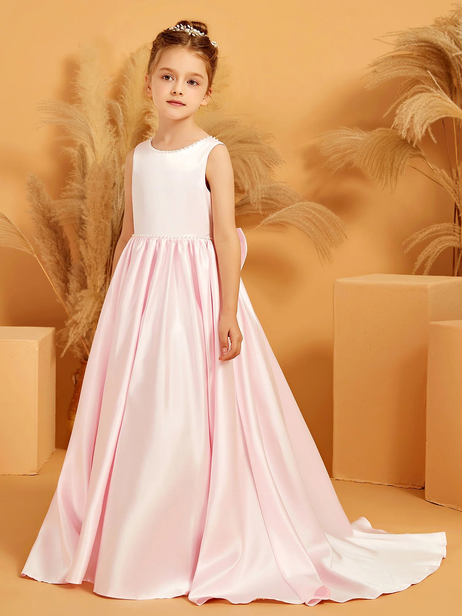 Sleeveless Pearl Trim Round Neck V Back Large Satin Bow Pink Satin Train Floor Length Flower Girl Dresses