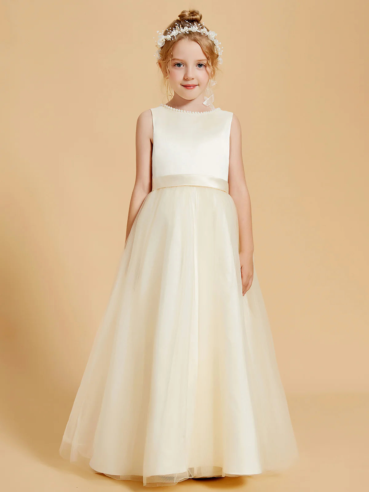 Sleeveless Pearl Trim V Back Big Bow Champagne Tulle Floor Length Flower Girl Dresses