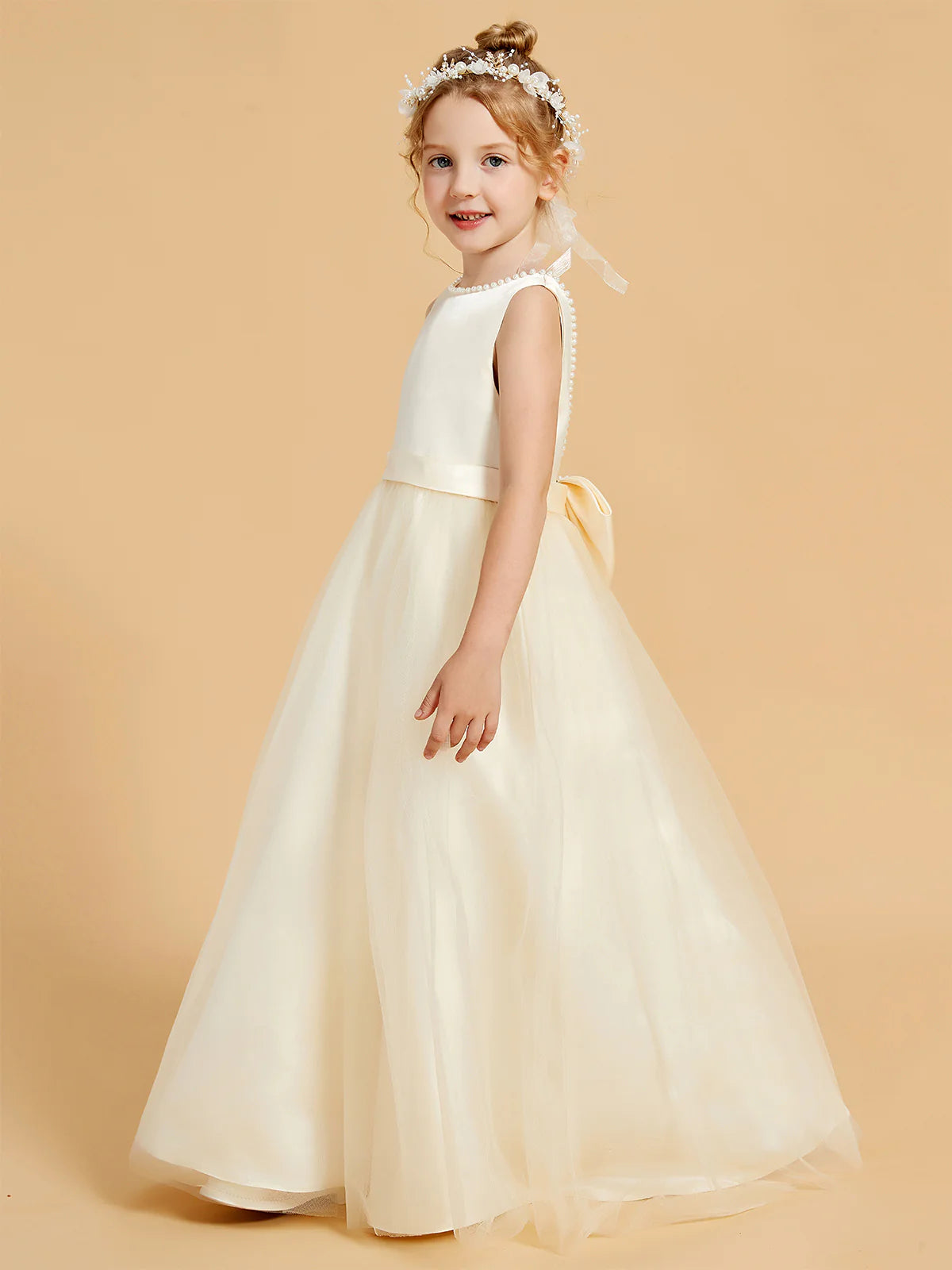 Sleeveless Pearl Trim V Back Big Bow Champagne Tulle Floor Length Flower Girl Dresses
