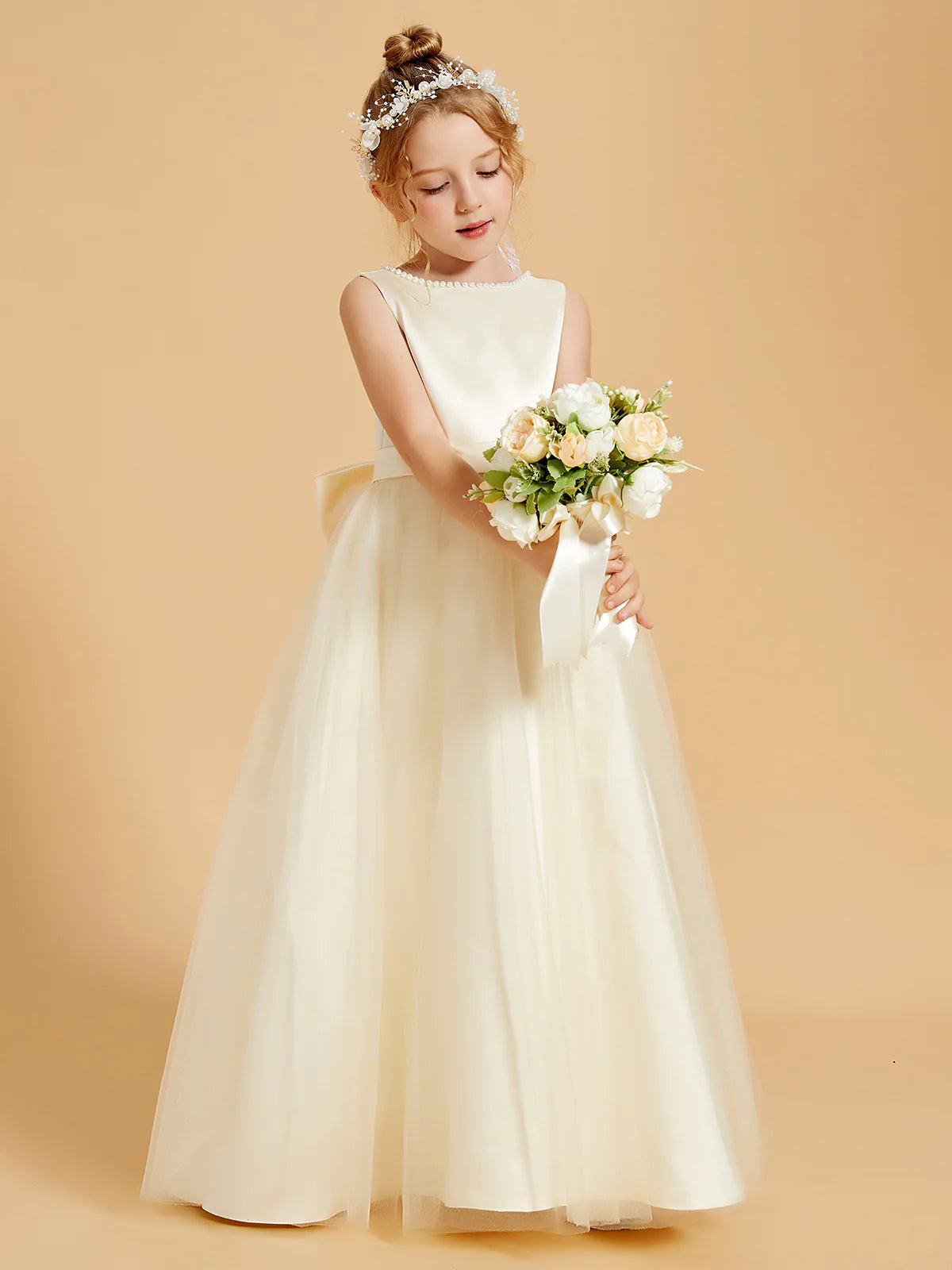 Sleeveless Pearl Trim V Back Big Bow Champagne Tulle Floor Length Flower Girl Dresses