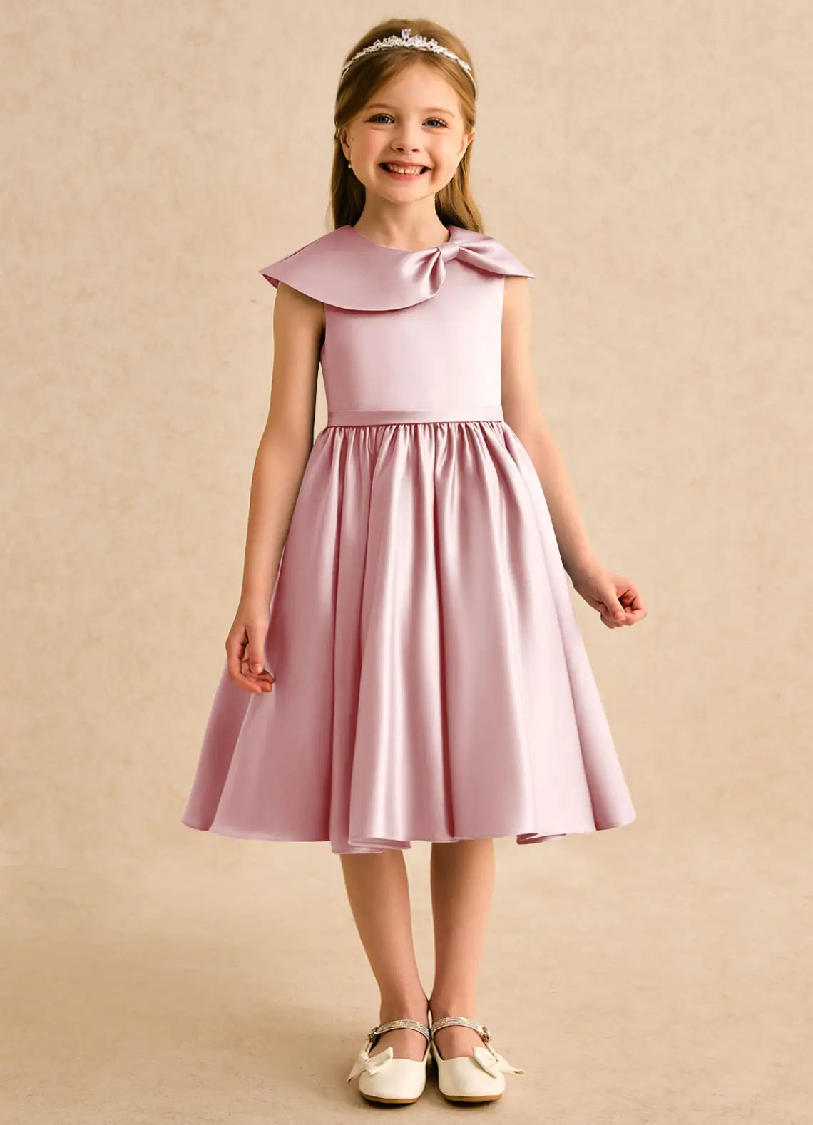 Sleeveless Peter Pan Collar Dusty Pink Satin Knee-Length Flower Girl Dresses