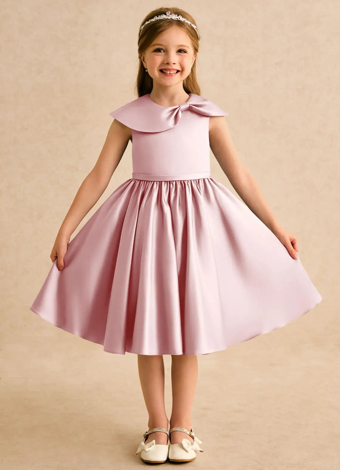 Sleeveless Peter Pan Collar Dusty Pink Satin Knee-Length Flower Girl Dresses