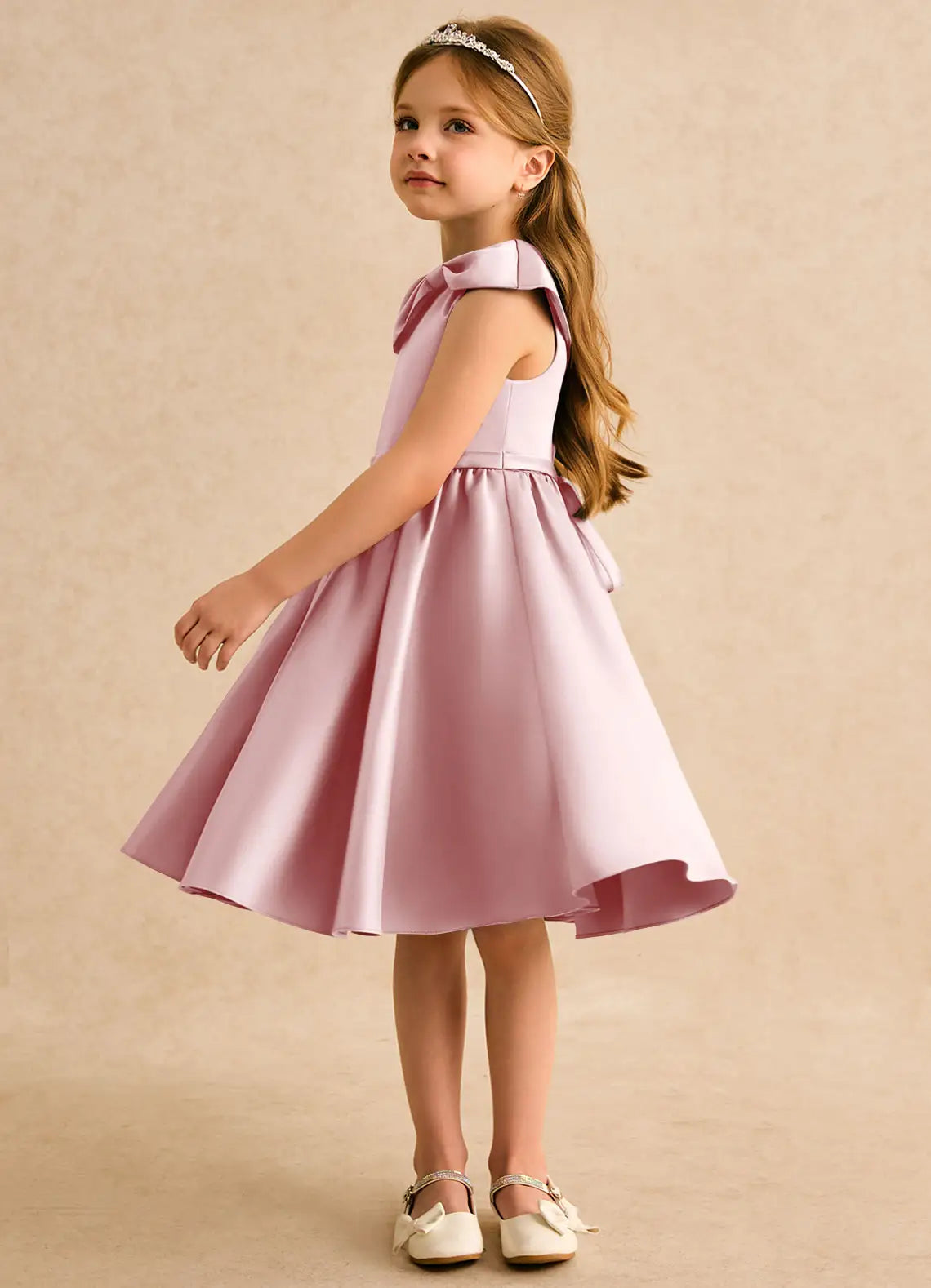 Sleeveless Peter Pan Collar Dusty Pink Satin Knee-Length Flower Girl Dresses
