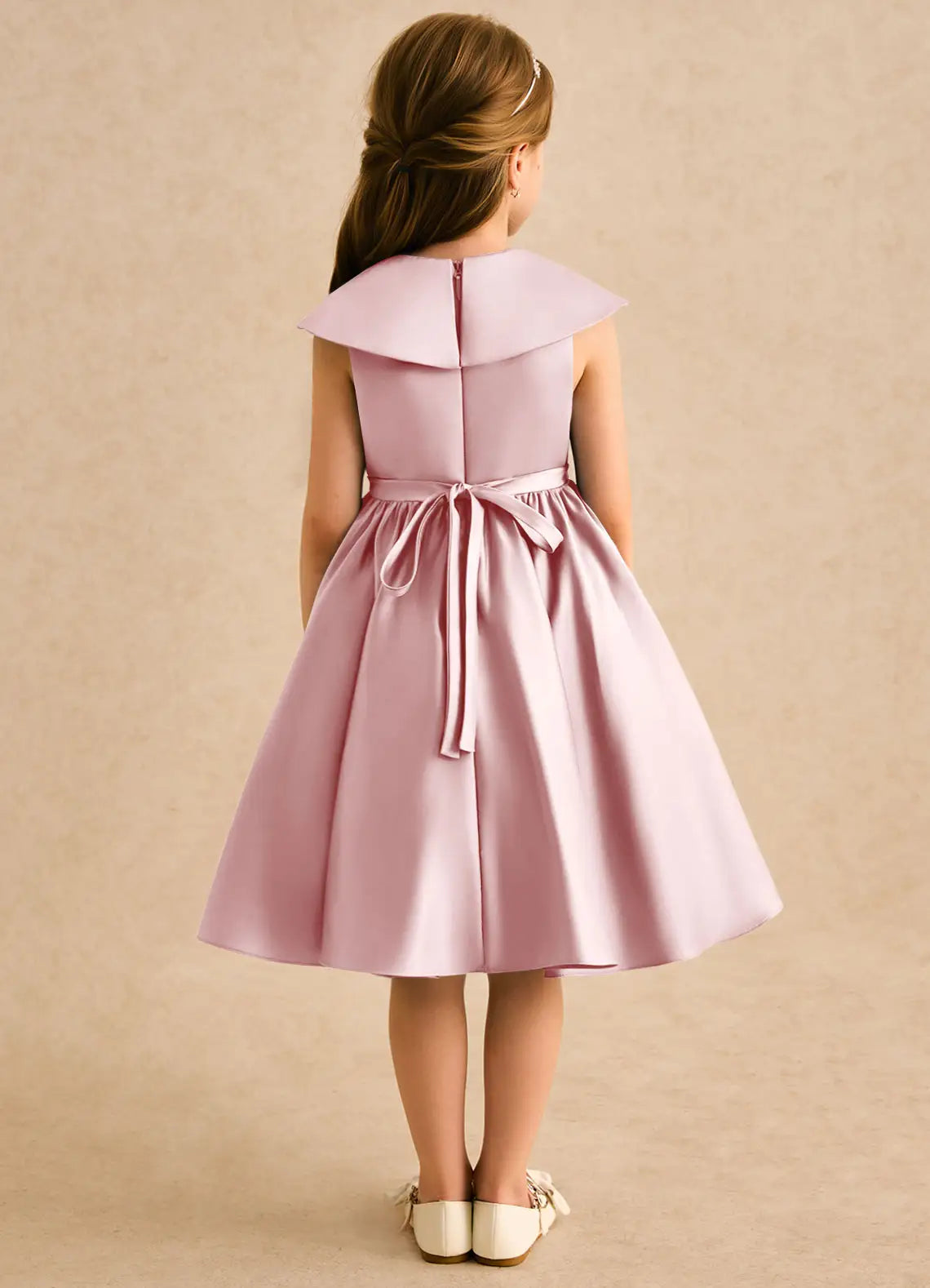 Sleeveless Peter Pan Collar Dusty Pink Satin Knee-Length Flower Girl Dresses