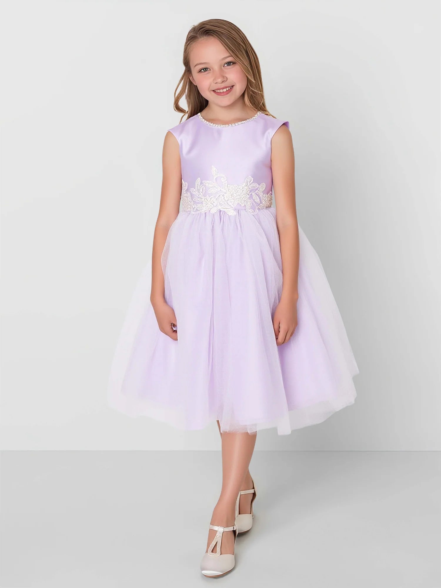 Sleeveless Rhinestone Round Neck Floral Lace Waist Lavender Satin Tulle Knee Length Flower Girl Dresses