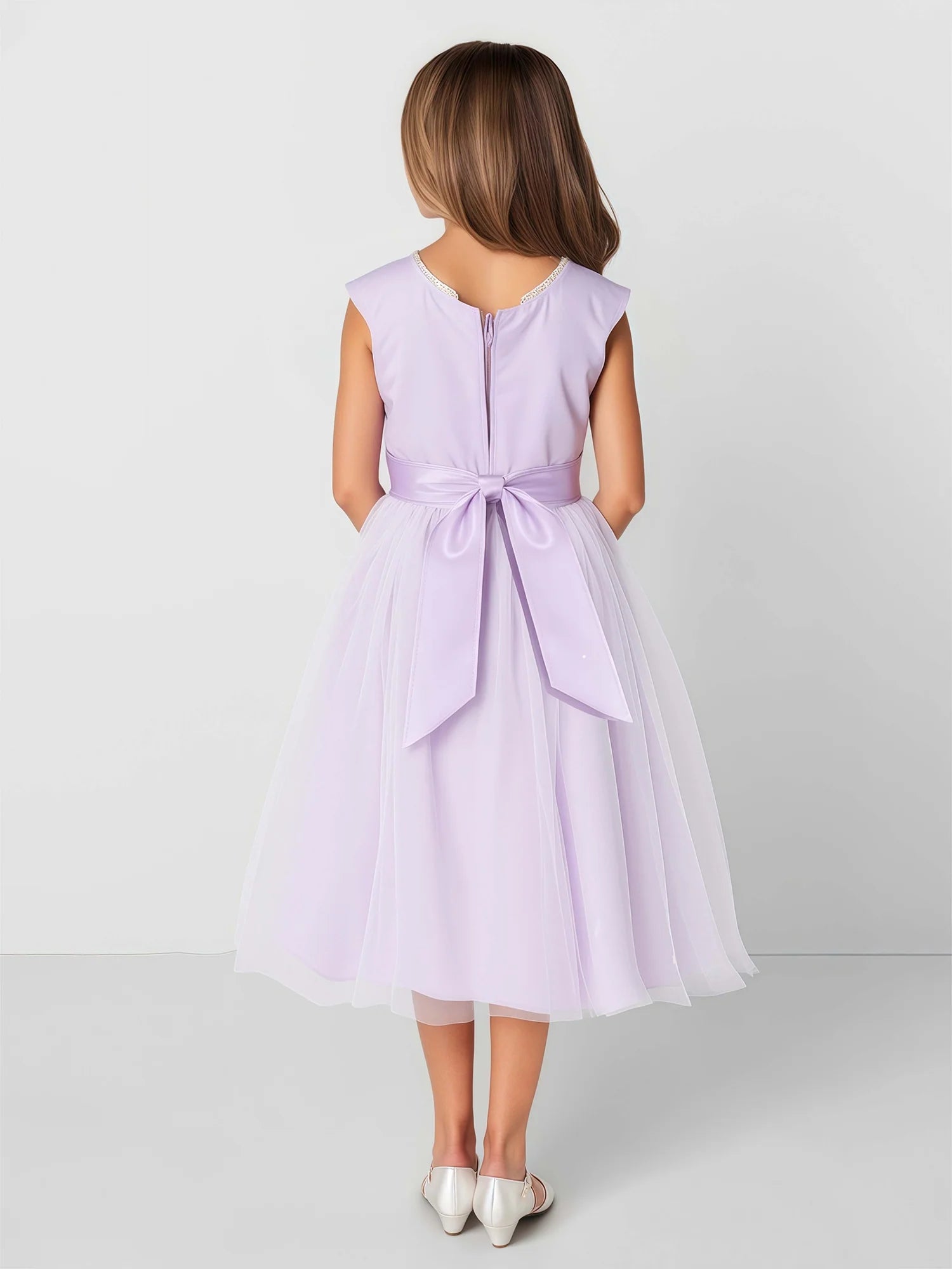 Sleeveless Rhinestone Round Neck Floral Lace Waist Lavender Satin Tulle Knee Length Flower Girl Dresses